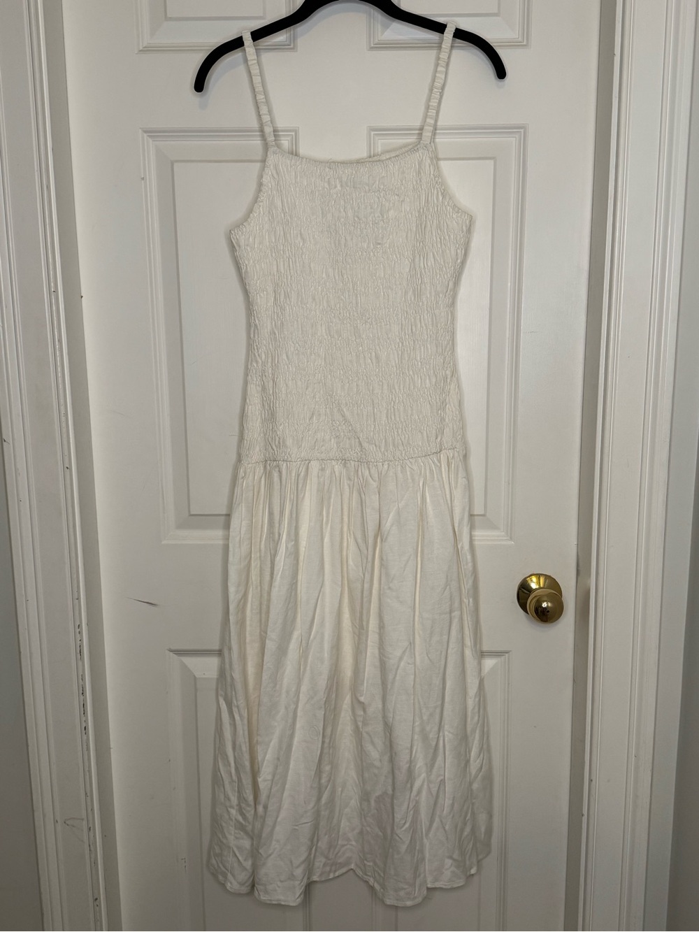 New Linen Blend Dress Smocked Dropped Waist Size Medium Ivory Cream - Picture 2 of 11